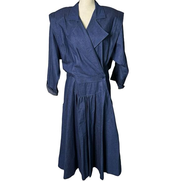 Charna Dallas, TX Dress Size 18W Blue‎ Denim Maxi Big Lapel Banded Waist Vintage - Picture 2 of 14